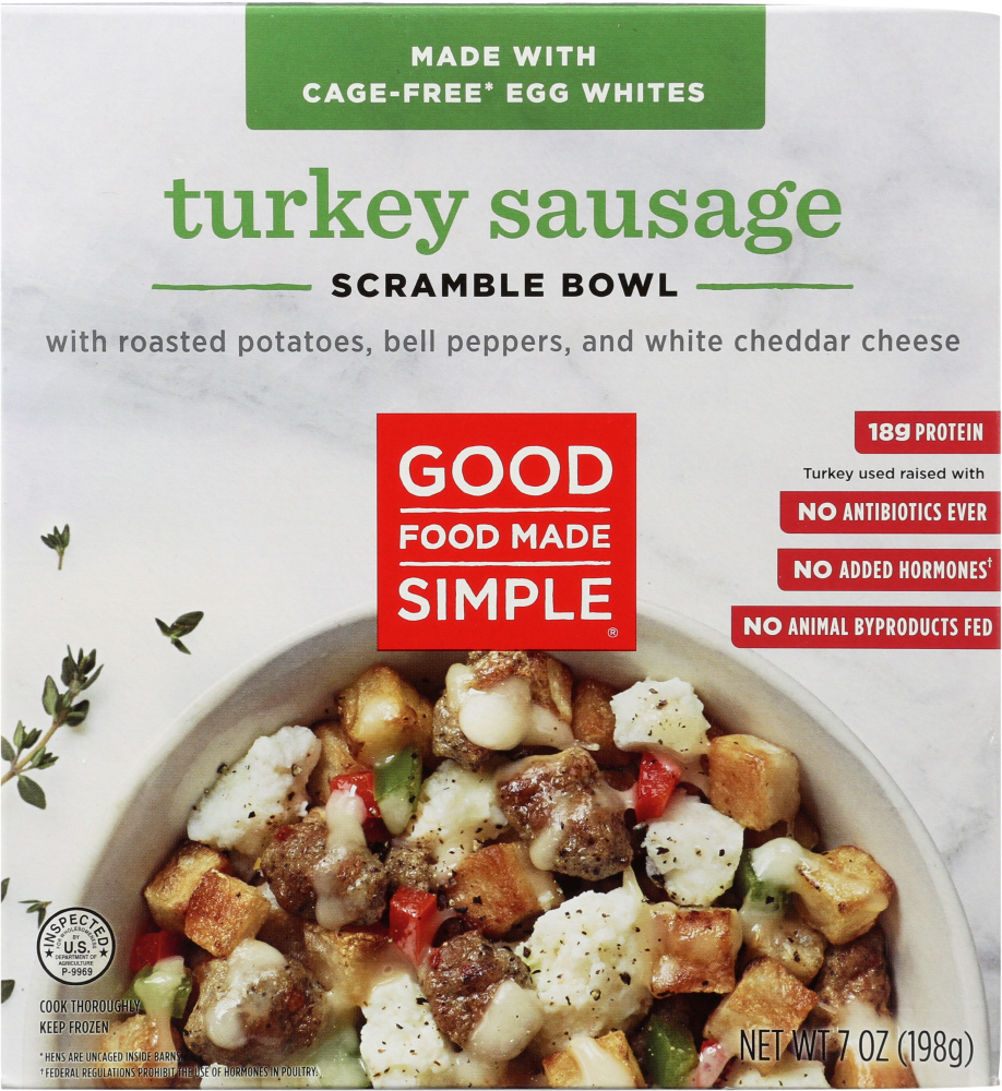 Turkey Sausage With Roasted Potatoes, Bell Peppers, And White Cheddar Cheese Scramble Bowl, Turkey Sausage - 080618418039