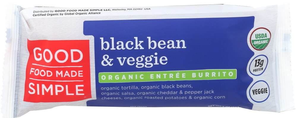 Black Bean & Veggie Organic Tortilla, Black Beans, Salsa, Cheddar & Pepper Jack Cheeses, Roasted Potatoes & Corn Entree Burrito, Black Bean & Veggie - 080618425150