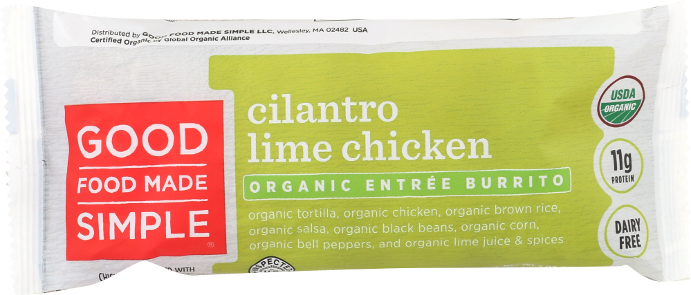 Cilantro Lime Chicken Organic Entree Burrito Tortilla, Chicken, Brown Rice, Salsa, Black Beans, Corn, Bell Peppers, And Lime Juice & Spices, Cilantro Lime Chicken - 080618425167
