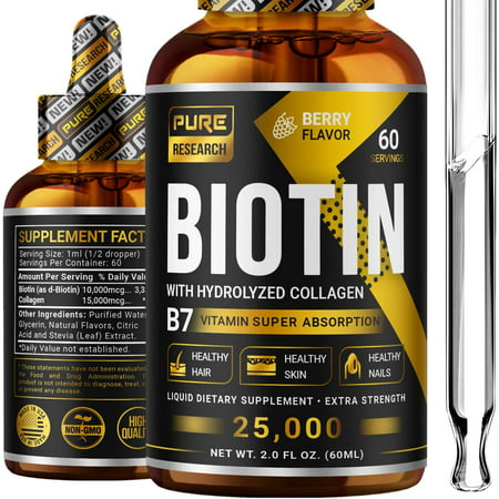 Biotin & Collagen 25 000mcg Hair Growth Liquid Drops Supports Strong Nails Glowing Skin Healthy Hair Growth. 3X More Absorption Than Capsules & Pills - 082481219706