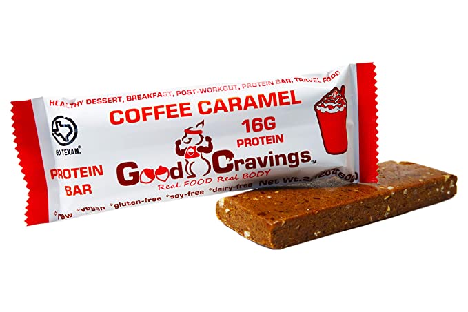  Good Cravings Whole-Food Vegan Protein Bar, Coffee Caramel, 16g Plant Based Protein, Raw, No Added Sugar, Dairy Free, Gluten Free, Soy Free, High Fiber, No Preservatives, 12-pack, 2.2oz bar  - 083351766252