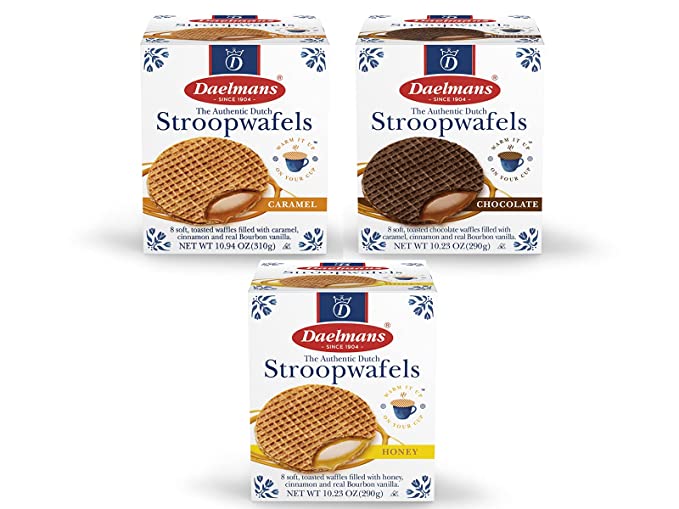 DAELMANS Stroopwafels, Dutch Waffles Soft Toasted, 3 Pack Assortment, Caramel, Honey, Chocolate, Office Snack, Jumbo Size, Kosher Dairy, Authentic Made In Holland, 8 Stroopwafels Per Box (3 Pack)  - 083409002462