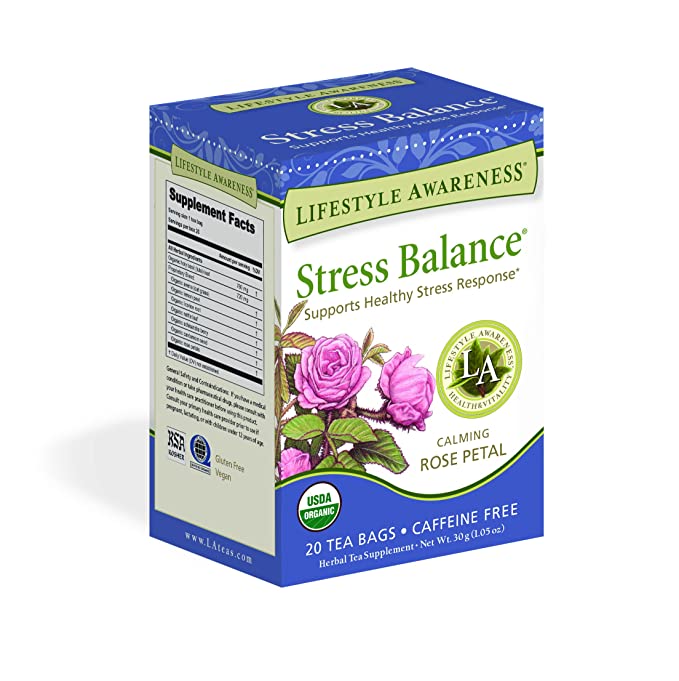  Lifestyle Awareness Stress Balance Tea with Calming Rose Petal, Caffeine Free, 20 Count, 1 pack  - 083703510199