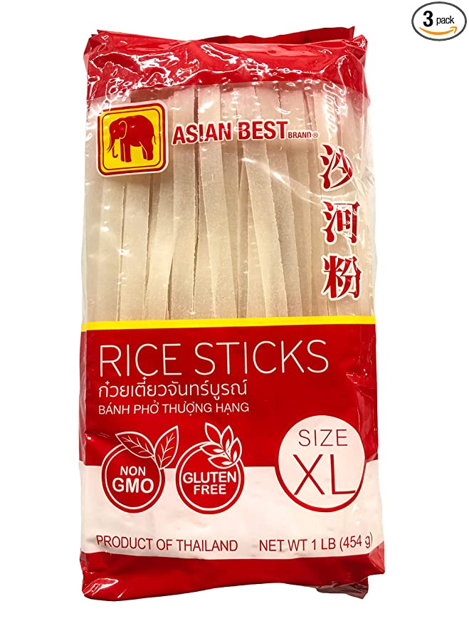 Asian Best Rice Sticks Premium Noodles for Traditional Pad Thai Banh Pho Thoung Hang Chantaburi เส้นจันทร์ size XL Gluten Free (Pack of 3) - 083737157100