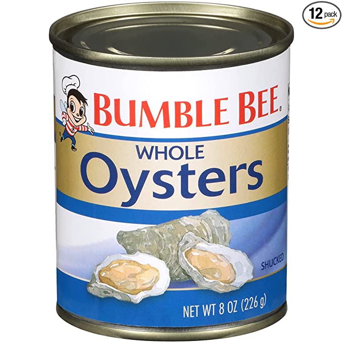 Bumble Bee Premium Select Whole Canned Oysters - Ready to Eat - 14g Protein per Serving - Gluten Free - Great Snack or Use in Seafood Recipes, 8 oz Cans (Pack of 12) - 778894091342