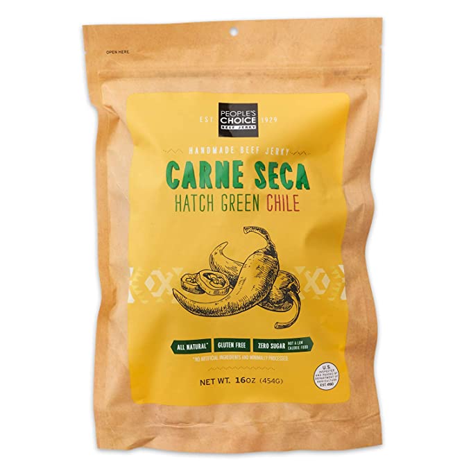  People's Choice Beef Jerky - Carne Seca - New Mexico Hatch Green Chile - Healthy, Sugar Free, Zero Carb, Gluten Free, Keto Friendly, High Protein Meat Snack - Dry Texture - 1 Pound, 16 oz - 1 Bag  - 087694077754