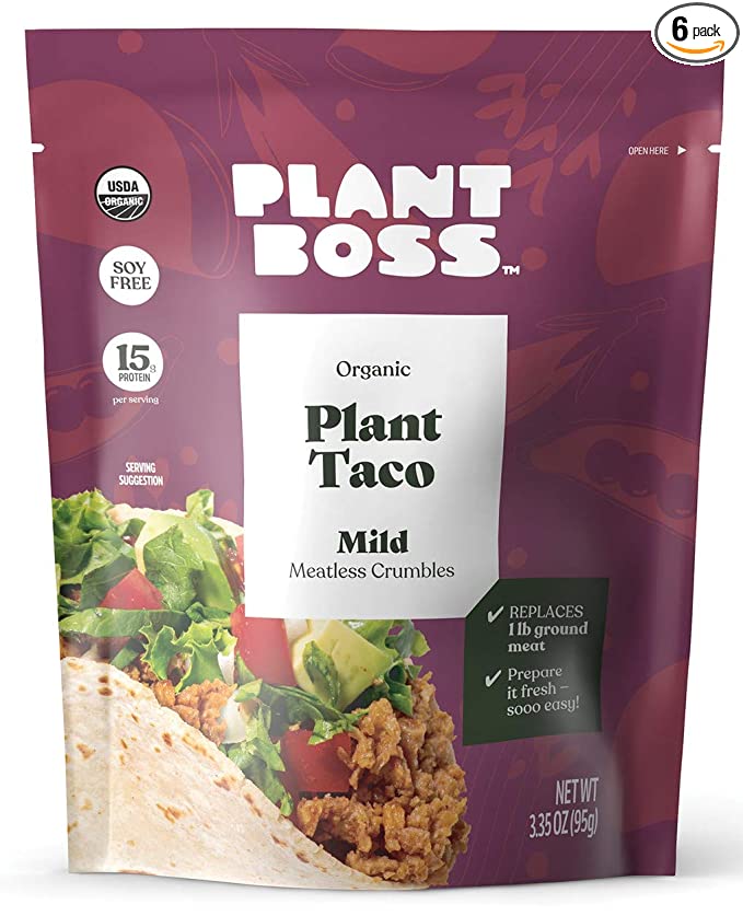  PLANT BOSS Mild Plant Taco Crumbles | Organic Meatless Crumbles | 15g Protein Per Serving | Soy-Free | 3.35 oz bag | Pack of 6  - 089836160089