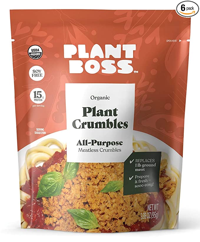  PLANT BOSS All-Purpose Plant Crumbles | Organic Meatless Crumbles | 15g Protein Per Serving | Soy-Free | 3.35 oz bag | Pack of 6  - 089836160126