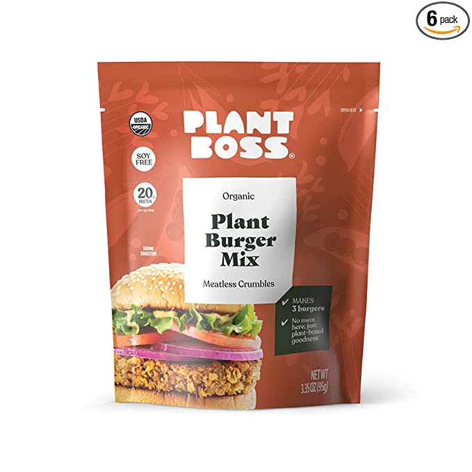  PLANT BOSS Plant Burger Mix | Organic Meatless Crumbles | 20g Protein Per Serving | Soy-Free | 3.35 oz bag | Pack of 6  - 089836160218
