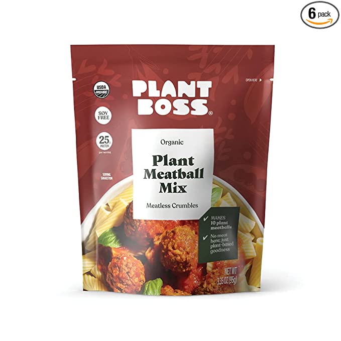  PLANT BOSS Plant Meatball Mix | Organic Meatless Crumbles | 25g Protein Per Serving | Soy-Free | 3.35 oz bag | Pack of 6  - 089836160225