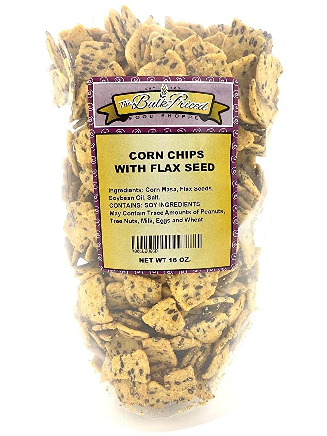  Corn Chips with Flax Seed, Healthy Snacks, Bulk Size (1 lb. Resealable Zip Lock Stand Up Bag) - 091037533128