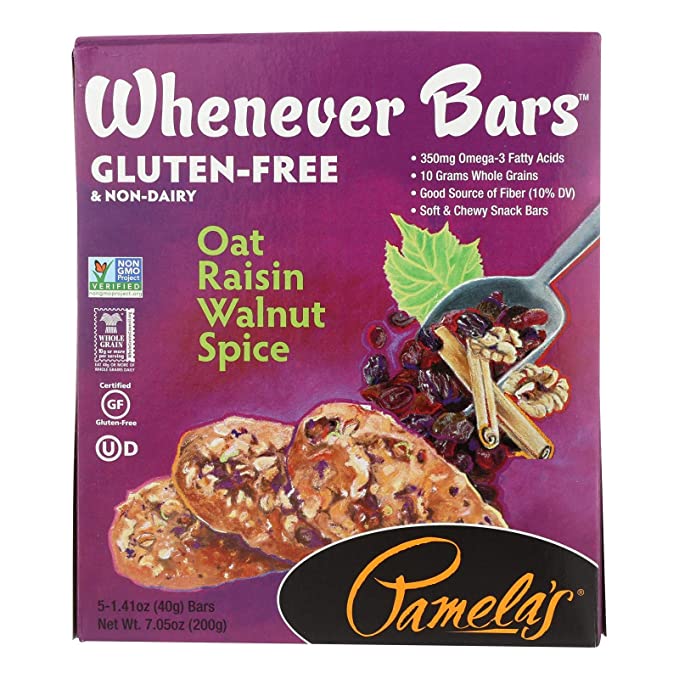  Pamela's Products Whenever Bars Oat Raisin Walnut Spice, 1.41-ounce Bars, 5 Bars per Box, Pack of 6 Boxes (Total 30 Bars) - 093709600220
