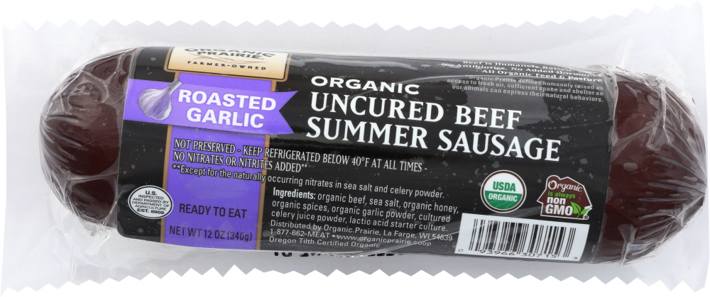Organic Prairie, Organic Uncured Beef Summer Sausage, Roasted Garlic - 093966307153