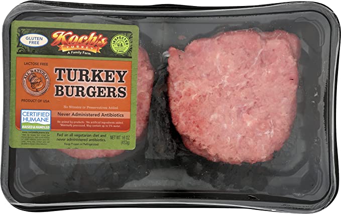  Kochs Turkey Farm, Turkey Burger Patties Dark Step 1, 16 Ounce  - 097914089818