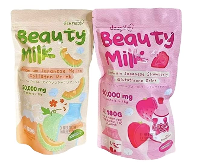  2 Packs Dear Face Beauty Milk Japanese Collagen STRAWBERRY & MELON Drink - 50,000mg Hydrolyzed Collagen  - 098931124919