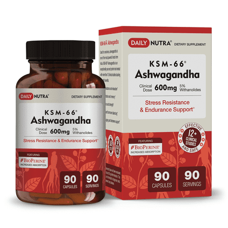 KSM-66 Ashwagandha by DailyNutra - 600mg Organic Root Extract - High Potency Supplement with 5% Withanolides Stress Relief, Increased Energy and Focus (90 Capsules) - 099461427372