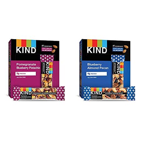 Kind Bars, Pomegranate Blueberry Pistashio + Antioxidants, Gluten Free, Low Sugar, 1.4Oz, 12 Count & Bars, Blueberry Pecan, Gluten Free, Low Sugar, 1.4 Ounce Bars, 12 Count (Packaging May Vary) - 100000295137