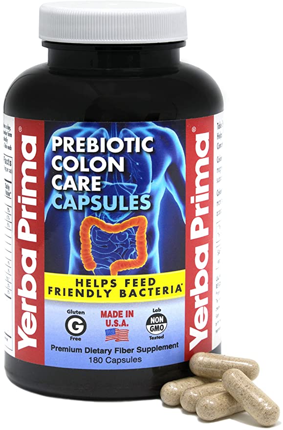 Yerba Prima Prebiotics Colon Care Fiber Caps, 180 Capsules - Five Forms of Fiber Plus FOS Pre-biotics - Dietary Health Supplement - Healthy Soluble & Insoluble Fibers for Regularity - 463520020642