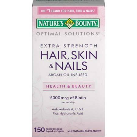 Nature s Bounty Optimal Solutions Extra Srength Hair Skin & Nails 5000 mcg of Biotin Softgels 150 ea (Pack of 2) - 191566945574