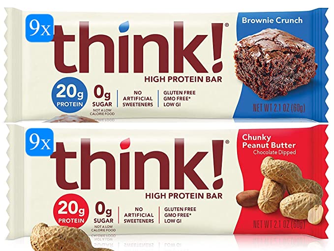  Bulk Buy think! High Protein Bars 18 Bar Variety Pack - 9 Chunky Peanut Butter, 9 Brownie Crunch (2.1 Oz Bars) - 191751167149