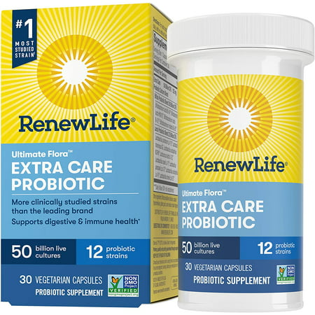 Renew Life Adult Probiotics 50 Billion CFU Guaranteed, 12 Strains, For Men & Women, Shelf Stable, Gluten Dairy & Soy Free, 30 Capsules, Ultimate Flora Extra Care - 191770730485
