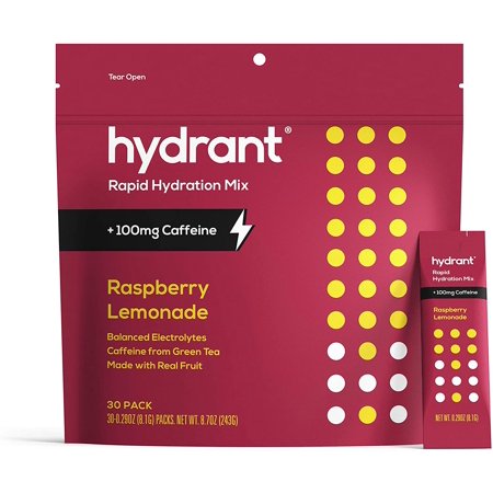 Hydrant Energy Raspberry Lemonade Flavor 30 Stick Pack, Caffeine & L-Theanine Rapid Hydration Mix, Electrolyte Hydration Powder Packets with Zinc - 194223739738