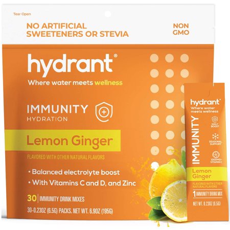Hydrant Immunity Lemon Ginger Flavor 30 Stick Packs, Electrolyte Powder Rapid Hydration Mix, Hydration Powder Packets, Keto Electrolyte Drink Mix with Vitamins - 194223739776