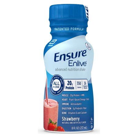 Ensure Enlive Meal Replacement Shake, 20g Protein, 350 Calories, Advanced Nutrition Protein Shake, Strawberry, 8 fl oz, 16 Bottles - 195111188003
