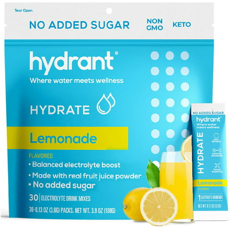 Hydrant Hydrate Lemonade No Added Sugar 30 Stick Packs, Electrolyte Powder Rapid Hydration Mix, Hydration Powder Packets Drink Mix, Helps Rehydrate Better Than Water - 195111238562