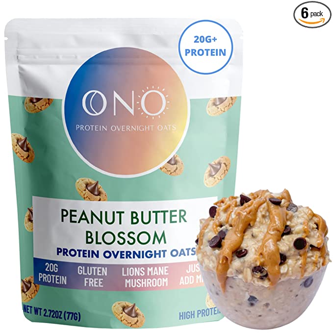  ONO Protein Overnight Oats - Peanut Butter Chocolate (6 Pack) - High Protein, High Fiber, and Low Sugar Oatmeal - Organic Gluten-Free Oats, 20g of Protein, Organic Chia Seeds & Flaxseeds, Lion's Mane Mushroom - 195893358113