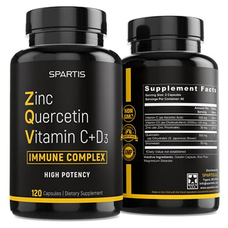 Zinc Quercetin 500mg with Vitamin C Vitamin D3 Bromelain Immune Support High Potency Anti Inflammatory Quercetin Zinc Supplement Immunity Booster ZQV Immune Complex (120-Ct) - 195893524723