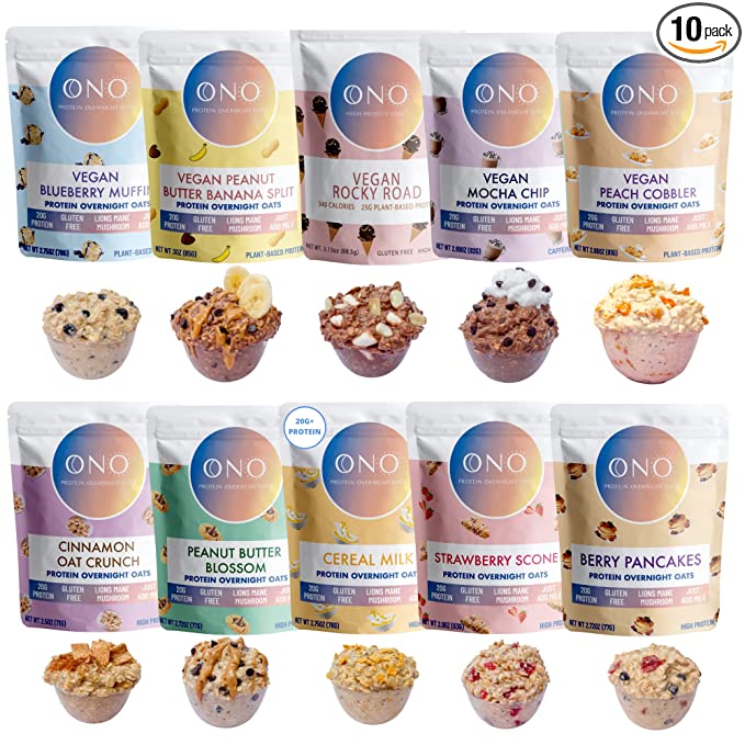  ONO Protein Overnight Oats - 10 Flavor Variety Bundle - High Protein, Pre-made, High Fiber, and Low Sugar Oatmeal - Organic Gluten-Free Oats, 20g of Protein, Organic Chia Seeds & Flaxseeds, Lion's Mane Mushroom (10 Pack) - 195893651399