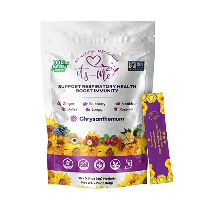  Its-Me My Natural Medicinals - Chrysanthemum Herbal Superfood Powder with Ginger, Blueberry, Rosehip, Superfood Electrolyte Drink for Respiratory & Immune Health, Herb and Fruit Powder, 4g Packs - It's me  - 195893865604