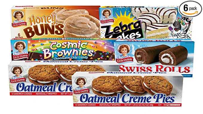  Little Debbie Variety Pack - Zebra Cakes (1 Box), Cosmic Brownies (1 Box), Honey Buns (1 Box), Swiss Rolls (1 Box), and Oatmeal Creme Pies (2 Boxes), Pack of 6  - 196991450044
