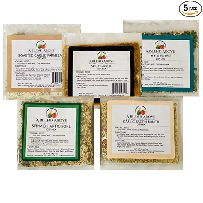 A Blend Above Best Sellers Dip Mix 5 Pack Includes Roasted Garlic Parmesan, Maui Onion, Garlic Bacon Ranch, Spicy Garlic, and Spinach Artichoke - 300262108422