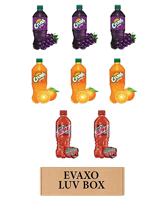 LUV BOX- VARIETY Soft drinks 20 oz. pack of 8 BOTTLES , Crush Grape , Crush Orange , Mtn Dew Code Red.by evaxo - 300713900056