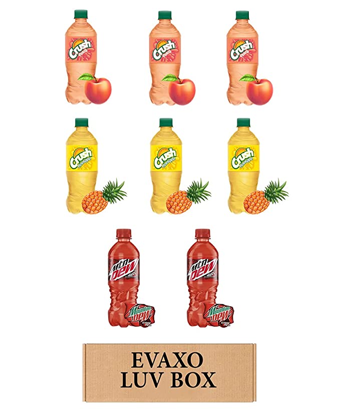 LUV BOX- VARIETY Soft drinks 20 oz. pack of 8 BOTTLES , Crush Peach , Crush Pineapple , Mtn Dew Code Red.by evaxo - 300713900391