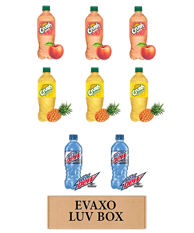 LUV BOX- VARIETY Soft drinks 20 oz. pack of 8 BOTTLES , Crush Peach , Crush Pineapple , Mtn Dew Voltage Raspberry Citrus.by evaxo - 300713900407