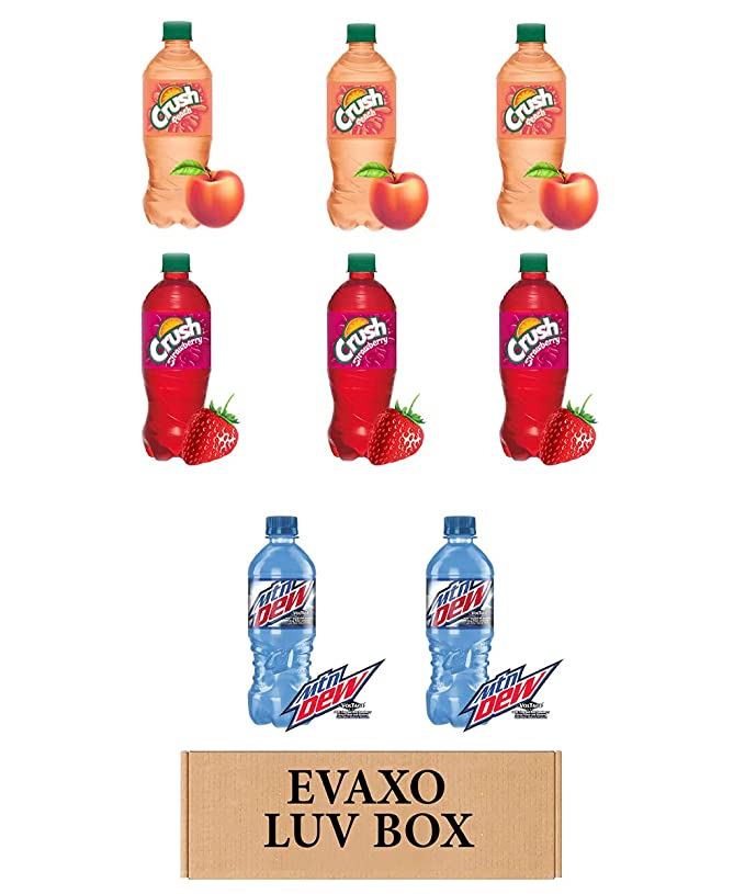 LUV BOX- VARIETY Soft drinks 20 oz. pack of 8 BOTTLES , Crush Peach , Crush Strawberry , Mtn Dew Voltage Raspberry Citrus.by evaxo - 300713900438