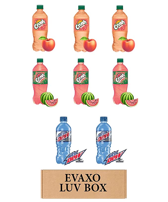 LUV BOX- VARIETY Soft drinks 20 oz. pack of 8 BOTTLES , Crush Peach , Crush Watermelon , Mtn Dew Voltage Raspberry Citrus.by evaxo - 300713900452