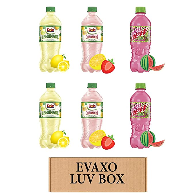 LUV BOX- VARIETY Soft drinks 20 oz. pack of 6 BOTTLES , Dole Lemonade , Dole Strawberry Lemonade , Mtn Dew Major Melon.by evaxo - 300713900605