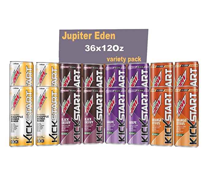 Jupiter Eden- variety soft drink 12 oz. Sleek Can , Mountain Dew Kickstart Black Cherry-Kickstart Pineapple Orange Mango-Kickstart Orange Citru-Kickstart Grape. (36 pk) - 300713971728