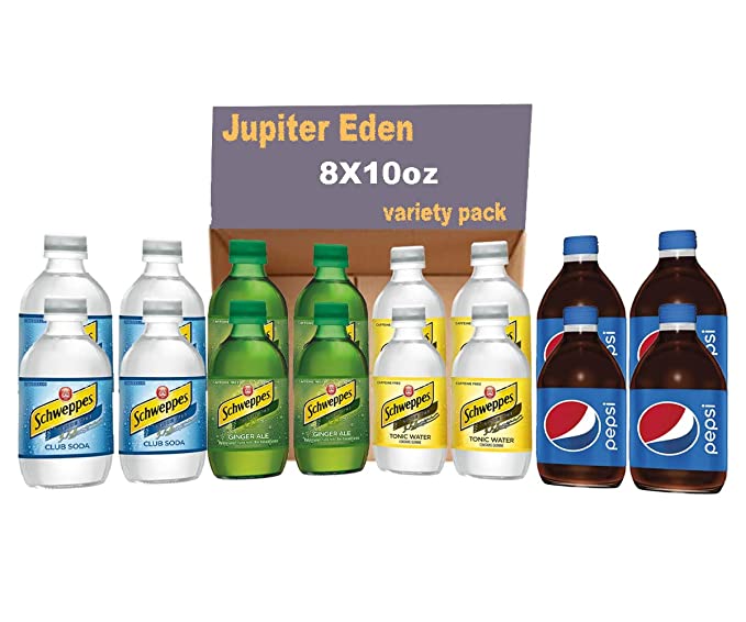 Jupiter Eden variety soft drink 10 oz.Glass Bottle,Schweppes Club Soda,Schweppes Ginger Ale,Schweppes Tonic,Pepsi (8 pk) - 300713971834
