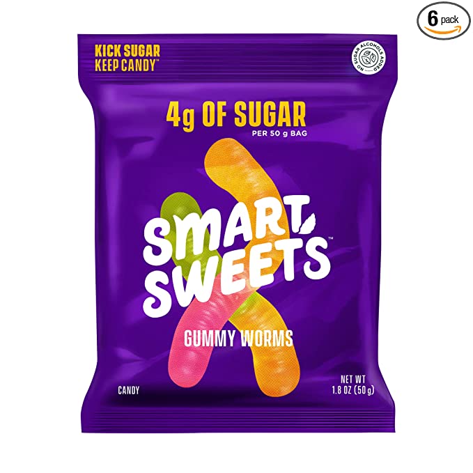  SmartSweets Gummy Worms, Candy with Low Sugar (4g), Low Calorie (110), No Artificial Sweeteners, Gluten-Free, Non-GMO, Healthy Snack for Kids & Adults, Variety of Flavors, 1.8oz (Pack of 6)  - 669809200662