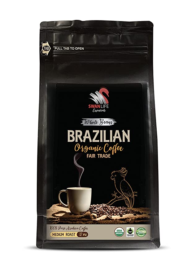  nut flavored coffee - ORGANIC BRAZILIAN WHOLE BEANS COFFEE, Medium Roast, 100% Pure Arabica, Fair Trade, low acidity, non gmo - whole beans coffee medium roast, by SWAN LIFE ESSENTIALS - (12 Ounce 1 Bag)  - 300873078312