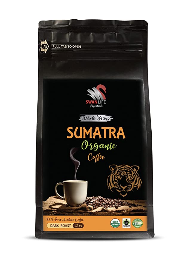  dark roast whole bean coffee from sumatra - SUMATRAN WHOLE BEANS ORGANIC COFFEE, Dark Roast, Fair Trade, 100% Arabica - fair trade dark roast coffee, organic, non-gmo, by SWAN LIFE ESSENTIALS - (12 Ounce 1 Bag)  - 300873084085