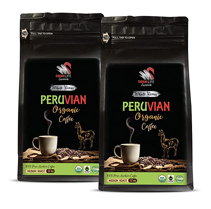  medium roast whole bean coffee from peru - ORGANIC PERUVIAN WHOLE BEANS COFFEE, Medium Roast, 100% Arabica, Fair Trade, non gmo - natural coffee beans, by SWAN LIFE ESSENTIALS - (24 Ounce 2 Bags)  - 300873084290