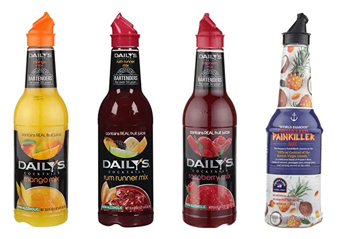 LUV BOX-Variety COCKTAIL MIXERS,33.8 Oz,Pack of 4,PUSSER'S PAINKILLER MIX,DAILY'S RASPBERRY DAIQUIRI MIX,DAILY'S RUM RUNNER MIX,DAILY'S MANGO DAIQUIRI MIX by evaxo - 301158400156