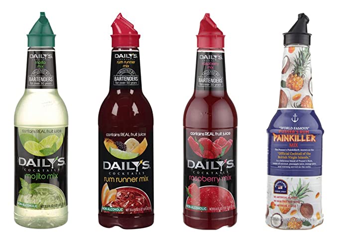 LUV BOX-Variety COCKTAIL MIXERS,33.8 Oz,Pack of 4,PUSSER'S PAINKILLER MIX,DAILY'S RASPBERRY DAIQUIRI MIX,DAILY'S RUM RUNNER MIX,DAILY'S MOJITO MIX by evaxo - 301158400163