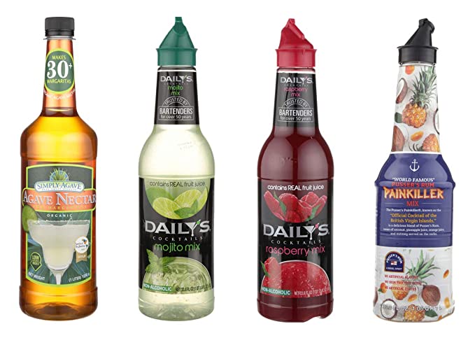 LUV BOX-Variety COCKTAIL MIXERS,33.8 Oz,Pack of 4,PUSSER'S PAINKILLER MIX,DAILY'S RASPBERRY DAIQUIRI MIX,DAILY'S MOJITO MIX,SIMPLY AGAVE AGAVE NECTAR LIGHT by evaxo - 301158400231